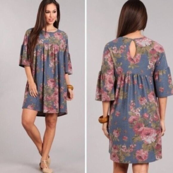 Blue Floral Baby Doll Dress Women Medium Bell Sleeve  Cottagecore Relaxed Fit - Picture 3 of 7